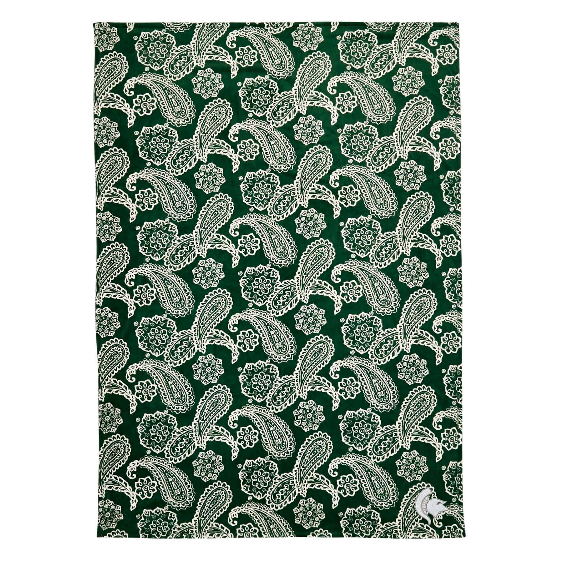 Collegiate Plush XL Throw Blanket-Dk Green/White Bandana with Michigan State University Logo-Image 1-Vera Bradley