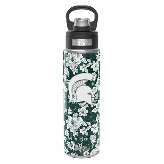 Tervis 24oz Wide Mouth Bottle-Dk Green/White Rain Garden with Michigan State University-Image 2-Vera Bradley