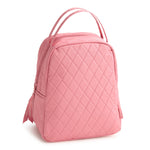 Pink quilted backpack on a white background