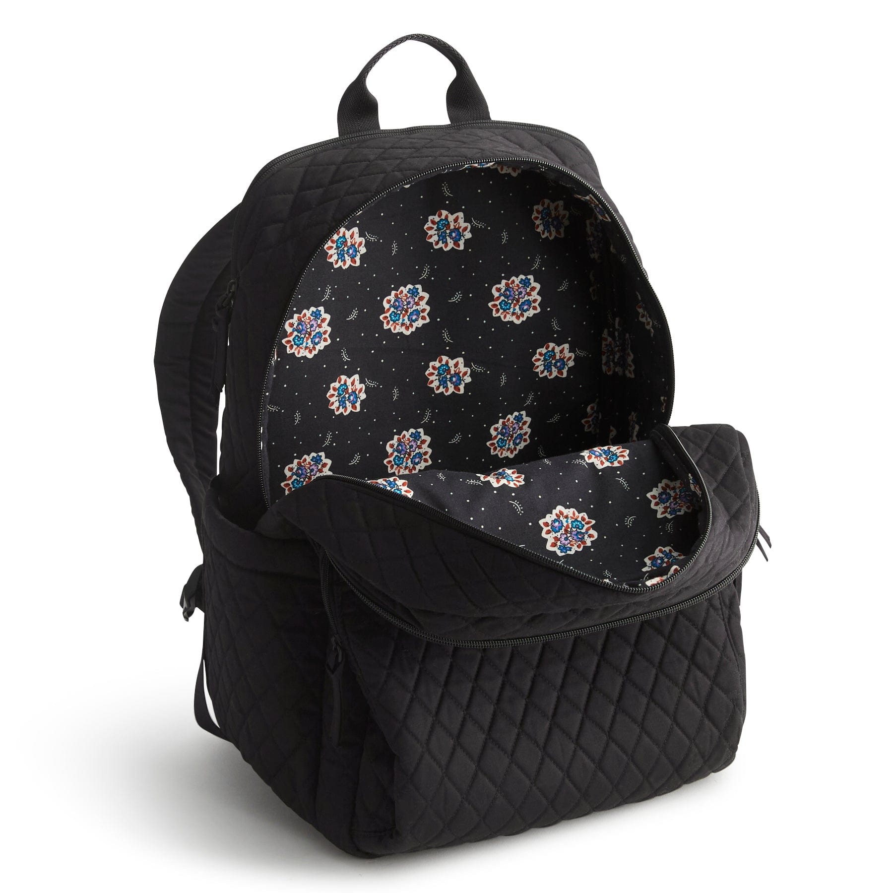 Black quilted backpack with floral pattern interior on a white background