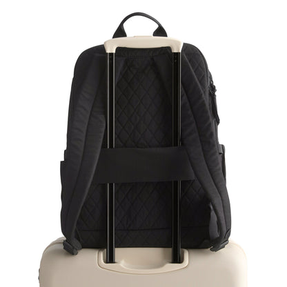 Black backpack with rolling handle on a white background