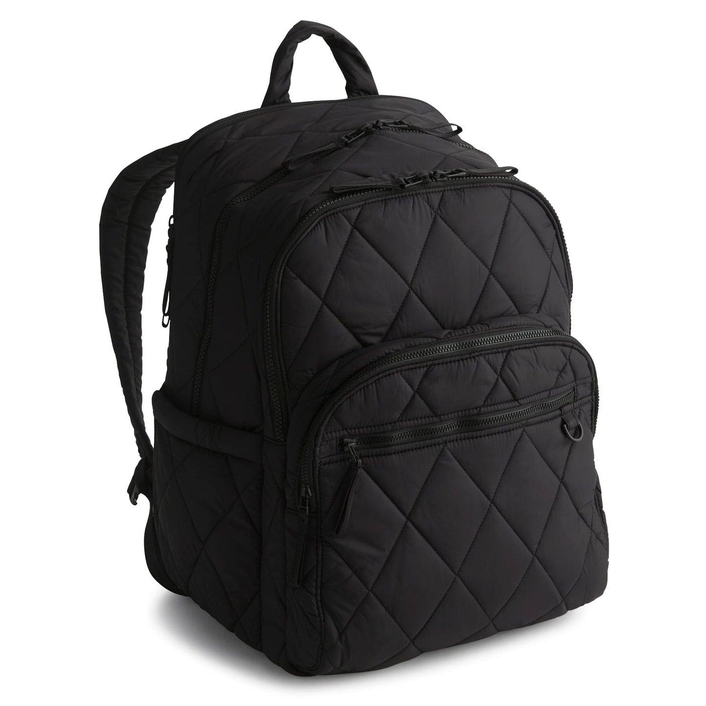 Black quilted backpack on a white background