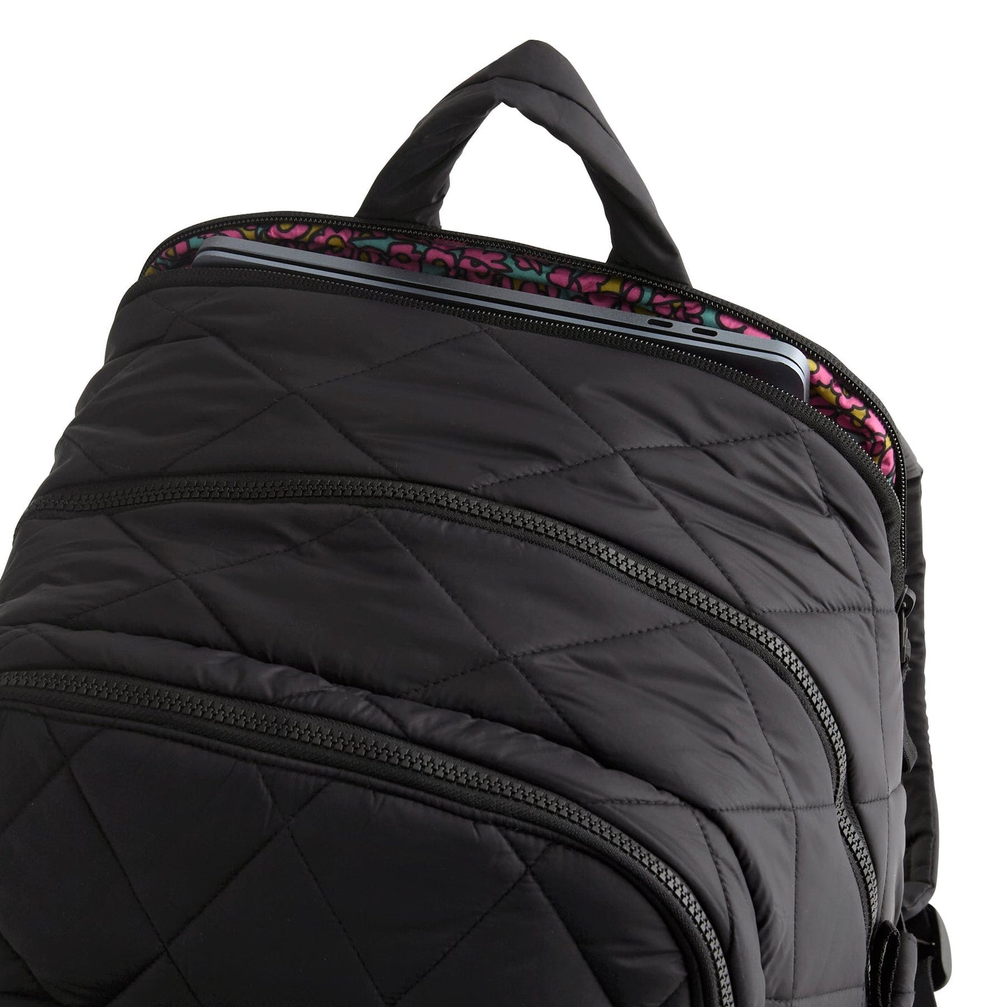 Black quilted backpack with floral interior lining on a white background