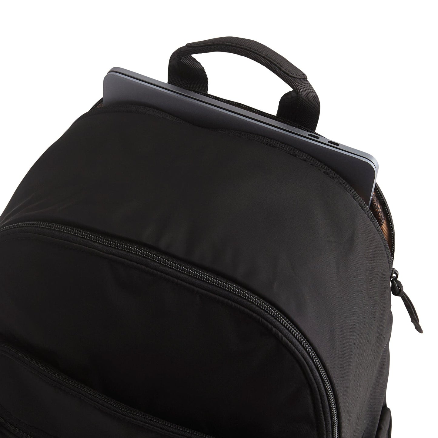 Black backpack with a laptop compartment on a white background