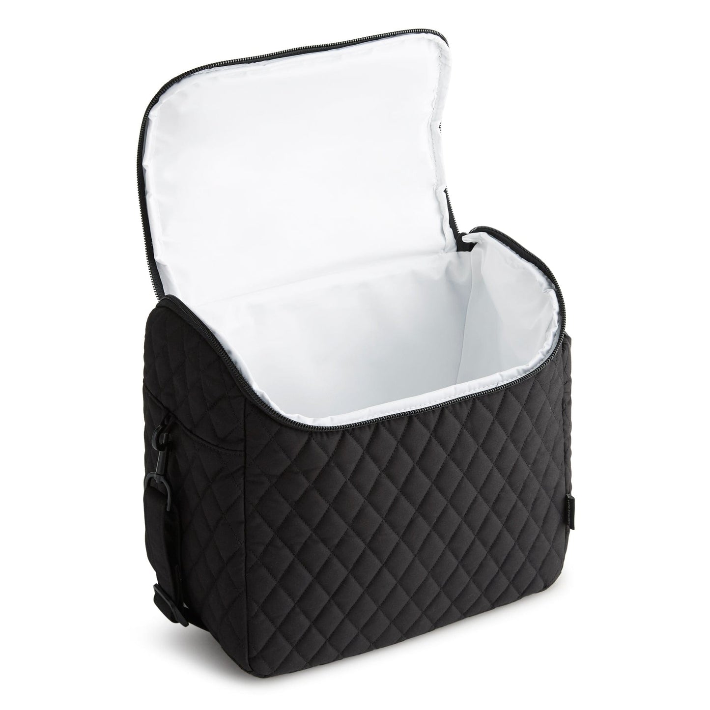 Black quilted cooler bag with open lid on a white background