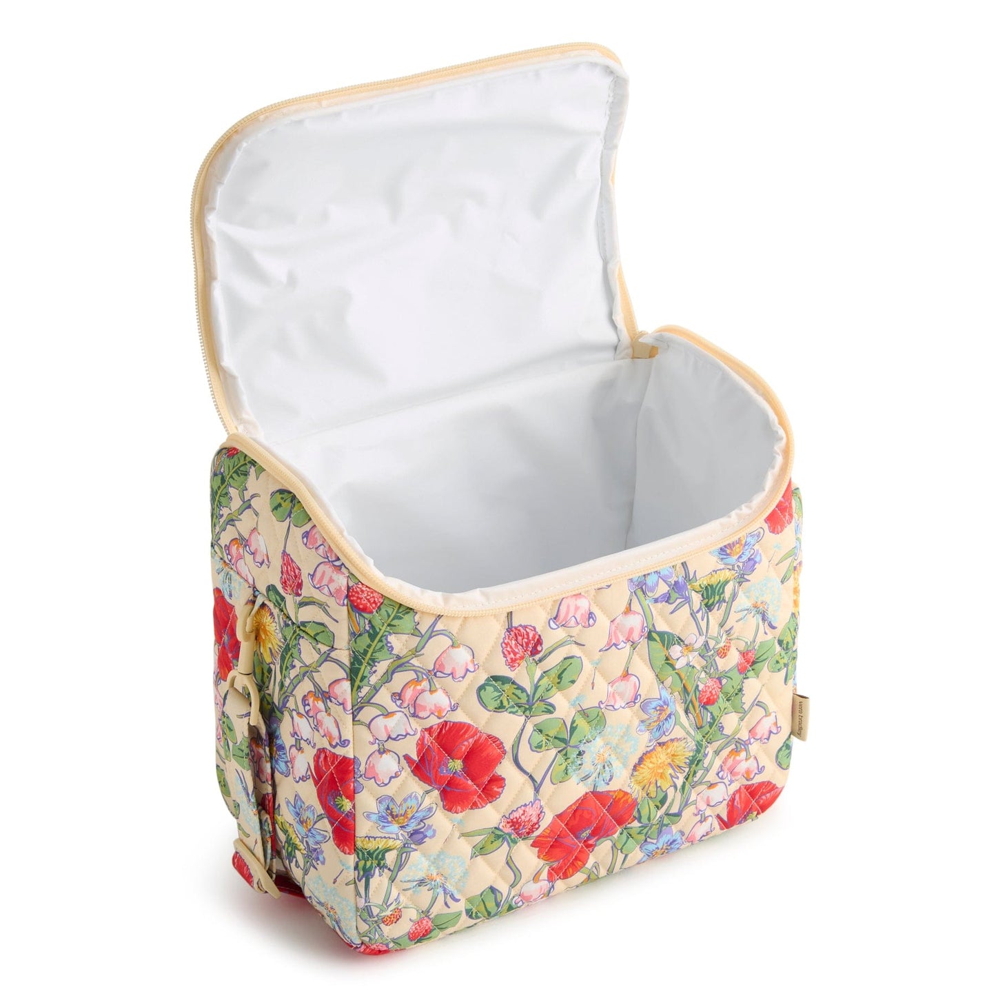 Floral-patterned laundry basket with open lid on a white background