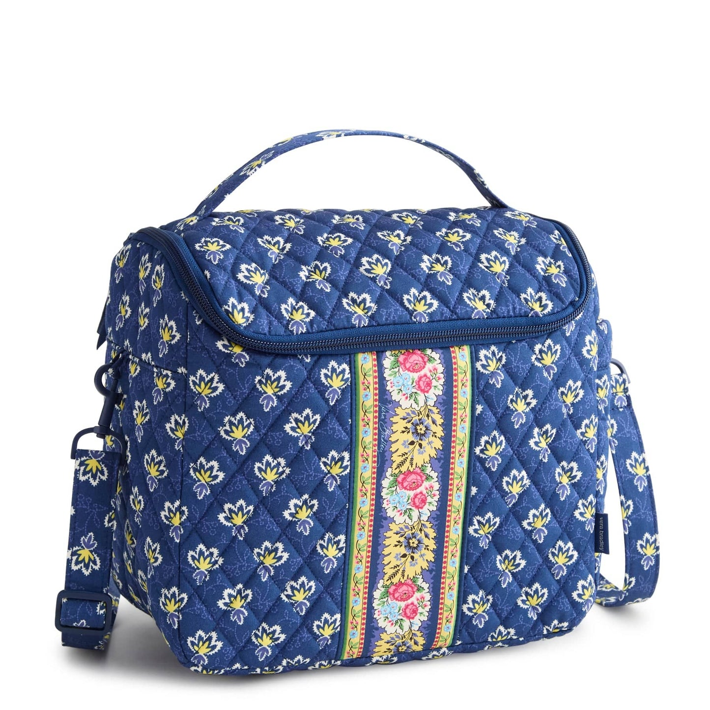 Blue floral-patterned bag with a colorful stripe on a white background