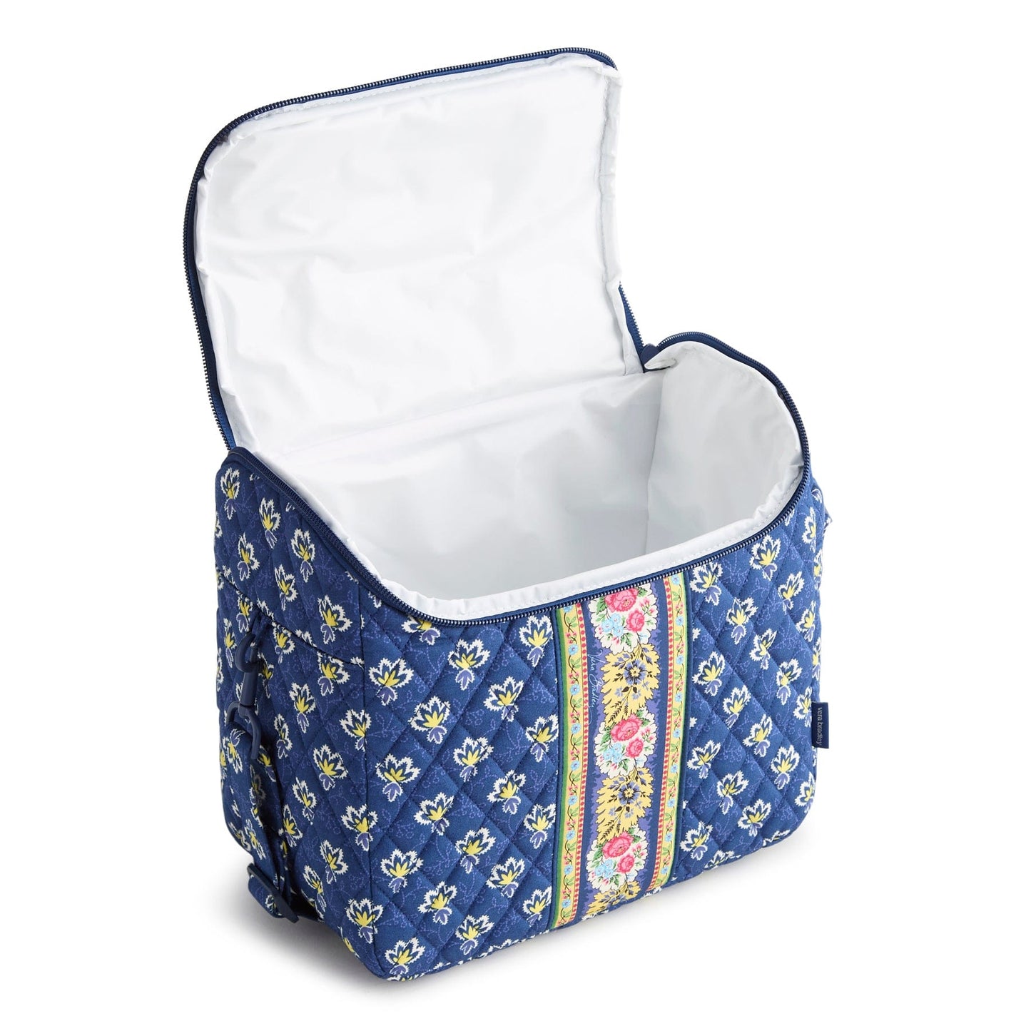 Blue floral-patterned cooler bag with white interior on a white background