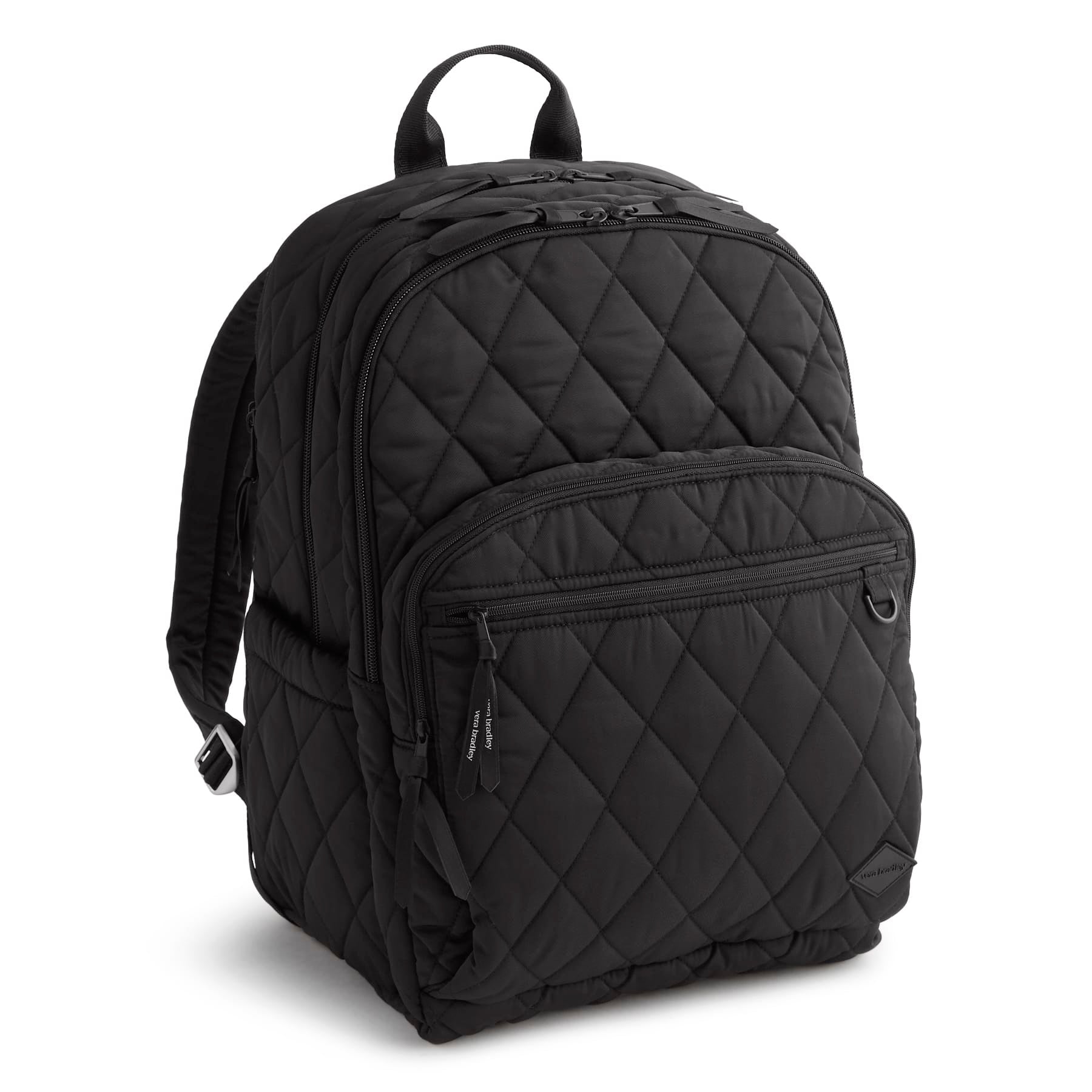 Black quilted backpack on a white background