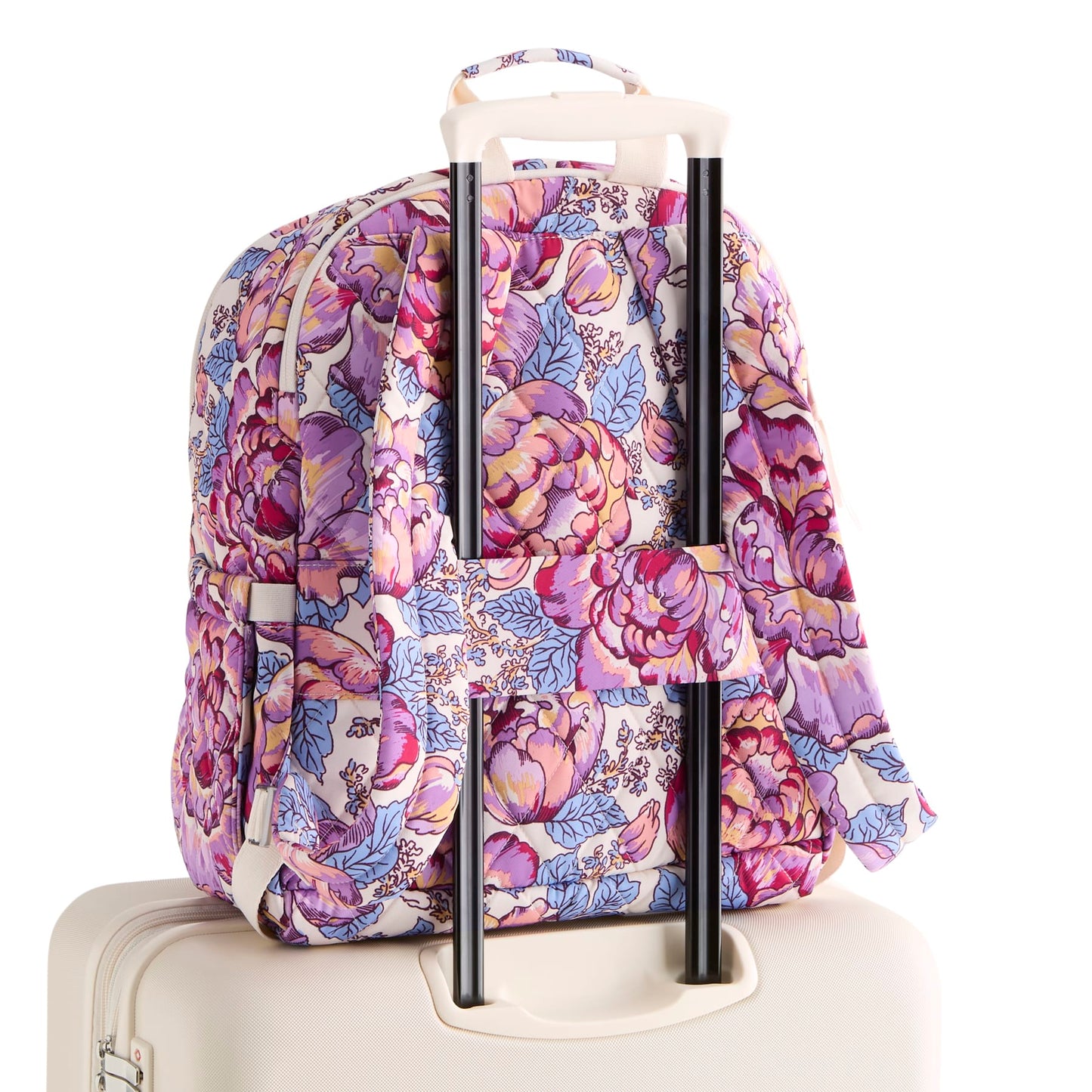 Floral-patterned backpack with wheels on a white background