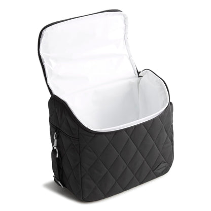 Black quilted diaper bag with white interior on a white background