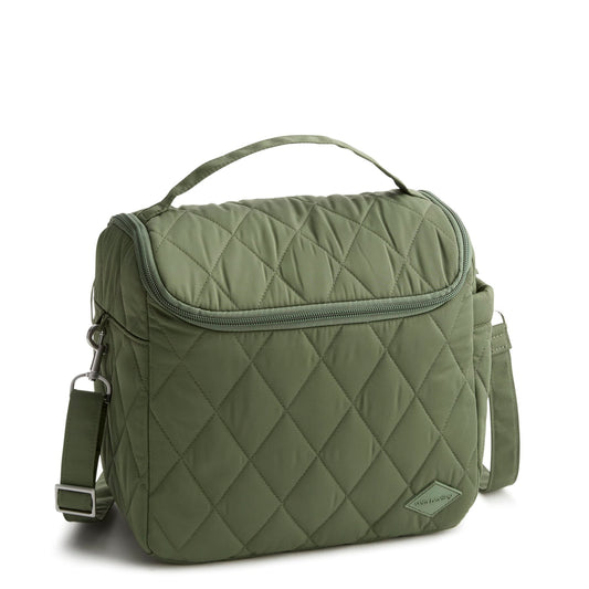 Green quilted bag with a strap on a white background