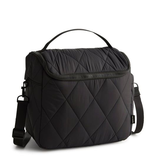Black quilted bag with a strap on a white background