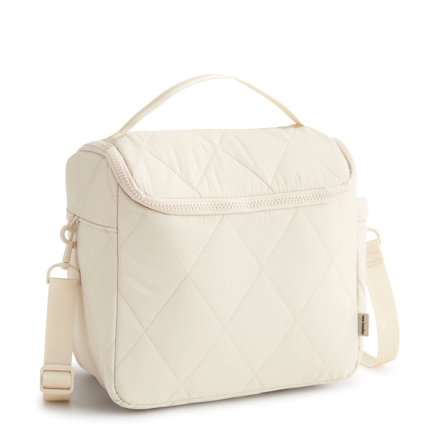 Beige quilted crossbody bag on a white background