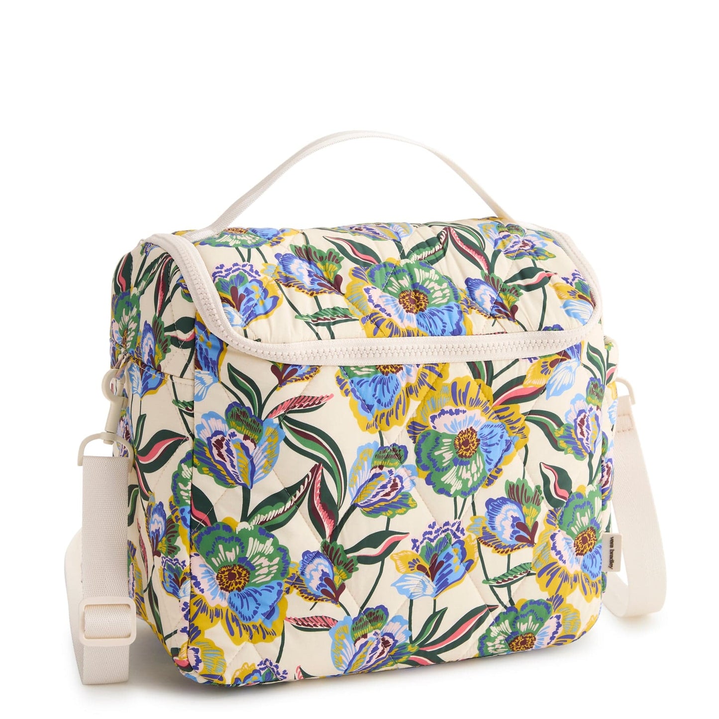 Floral-patterned bag with a white strap on a white background