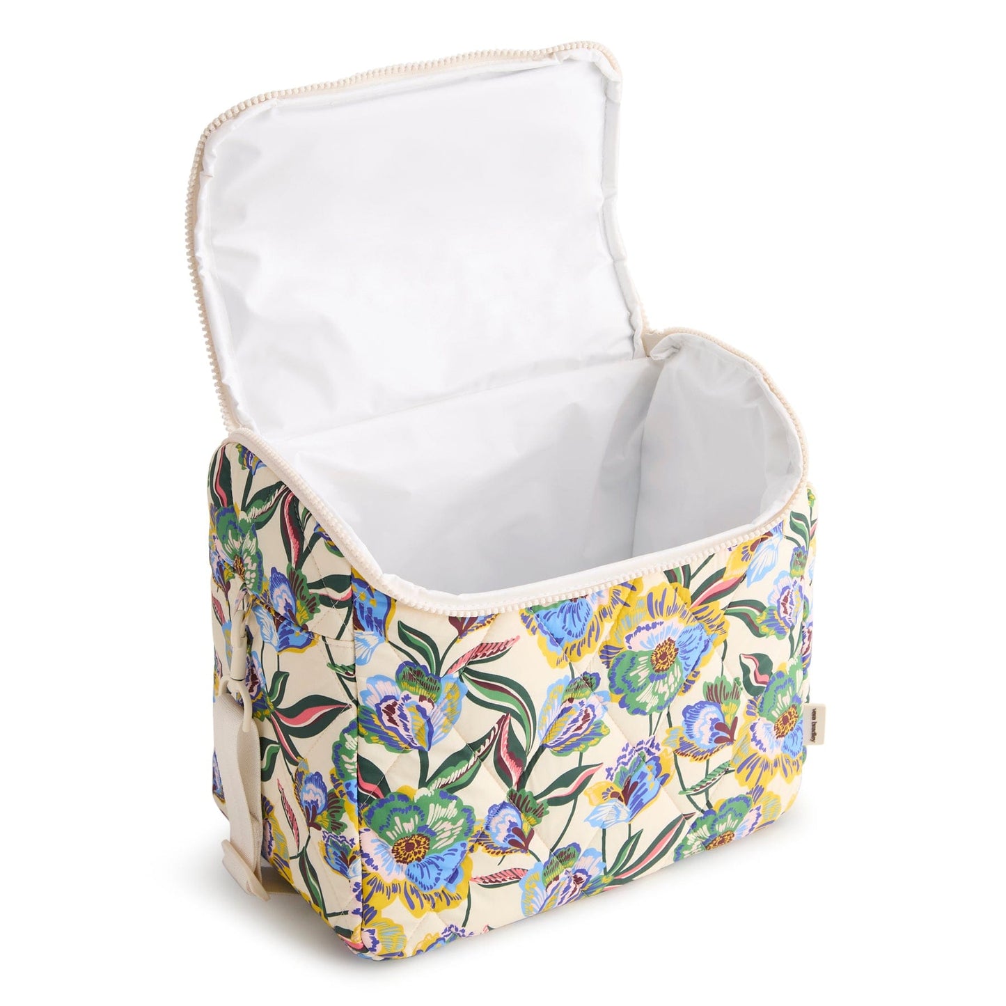Floral-patterned laundry basket with open lid on a white background